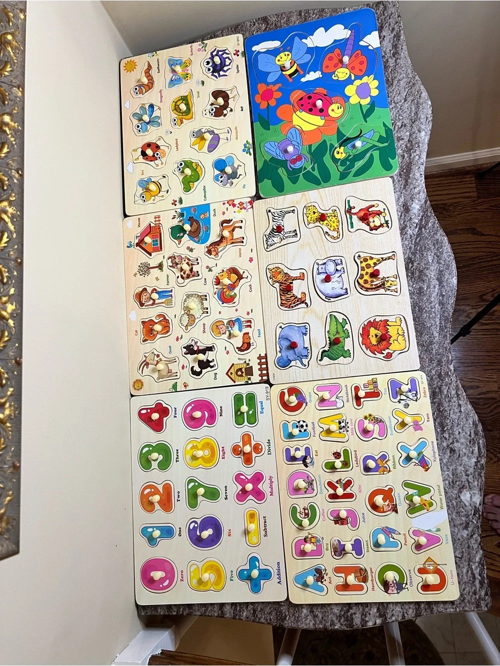 6 Children’s peg puzzles of Bugs, Farm Animals, Zoo Animals, ABC’s & Number’s